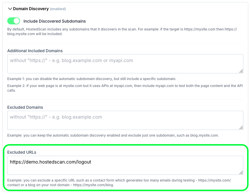 Exclude URLs from scan